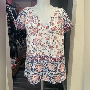Lucky Brand White, Blue, & Orange Patterned Short Sleeve Top